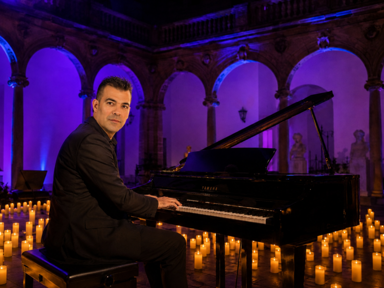 Carlos López Arregui al piano de cola, rodeado de velas, en un concierto de Música de Velas