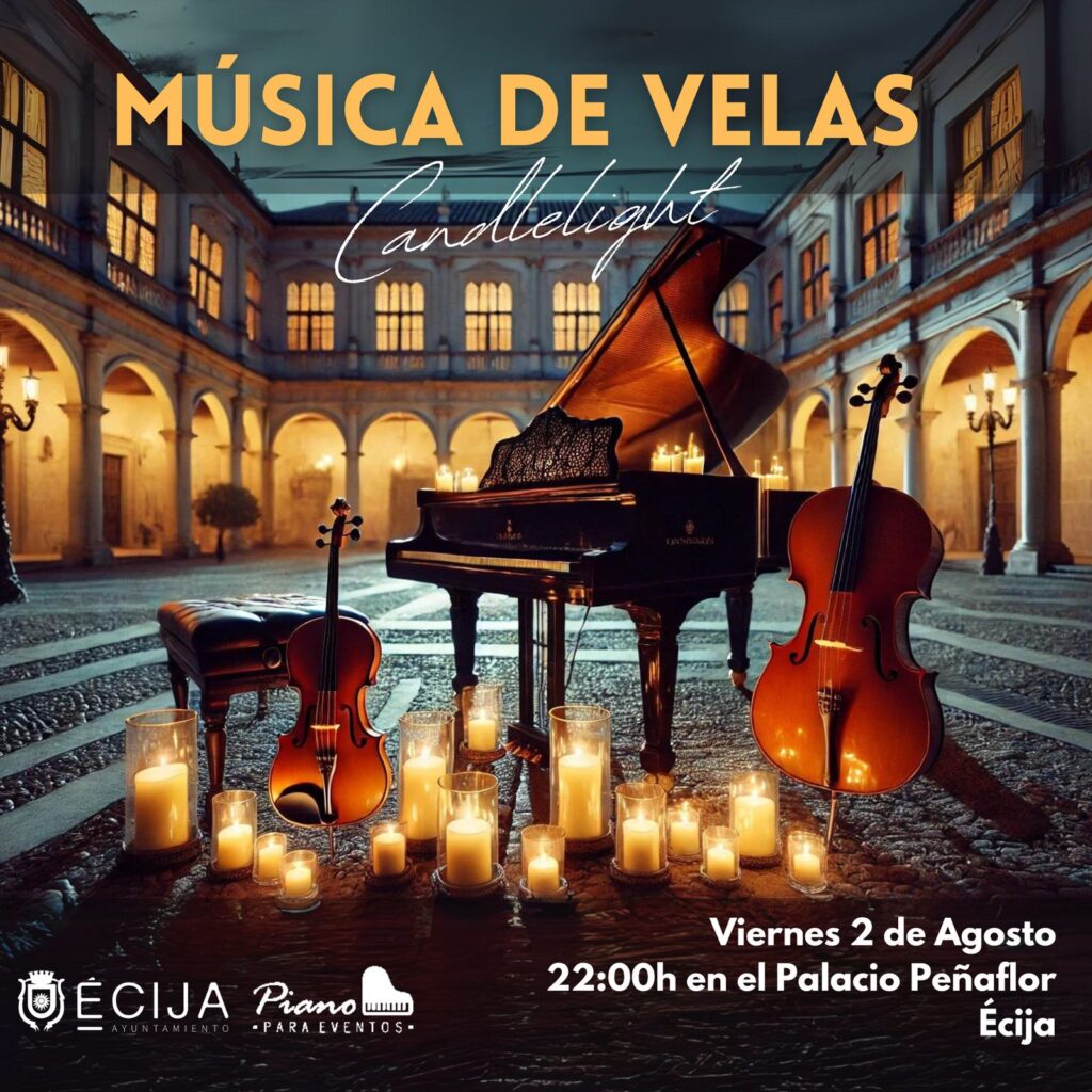 El trío de Música de Velas en el Palacio de Peñaflor de Écija, rodeado de velas LED